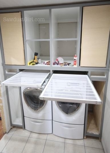 Laundry Drying Rack integrates Built-In Laundry Storage System