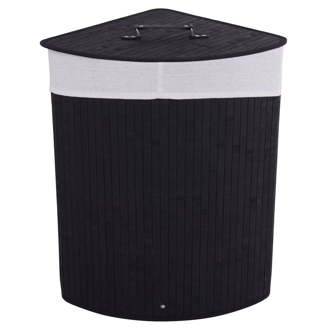 Laundry Hamper: Slatted Black Bamboo space-saving corner hamper