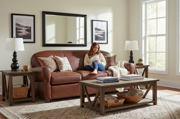 Leather Like Sofa with Curved Back and X Frame Base Coffee Table