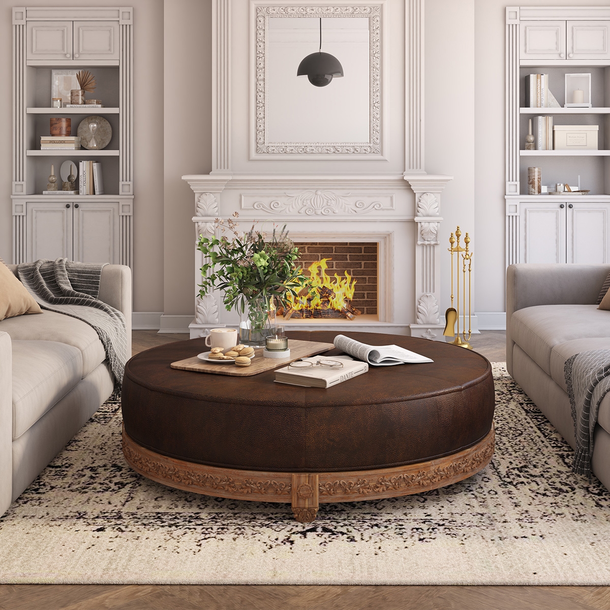 Leather Ottoman with Ornate Carved Base and Chocolate Tone