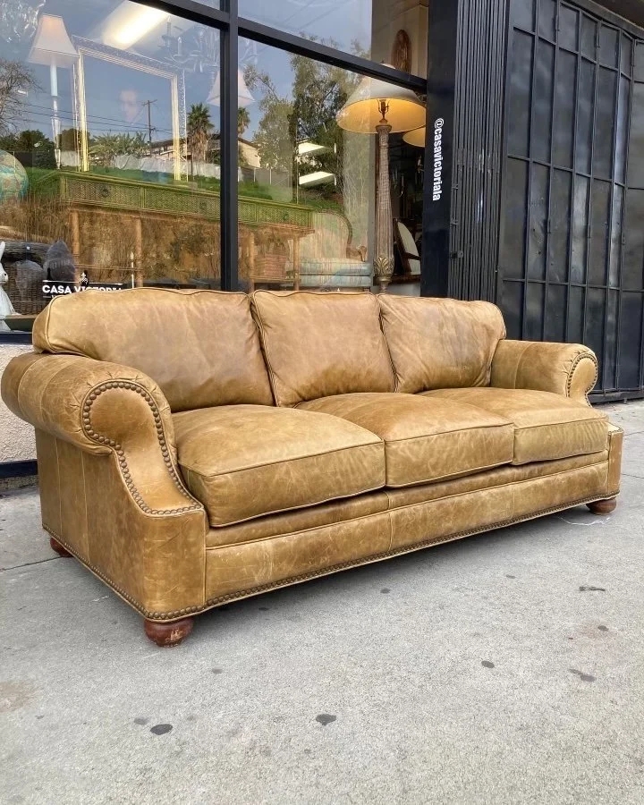 Leather Sofa in Caramel Tan with Masculine Design Style