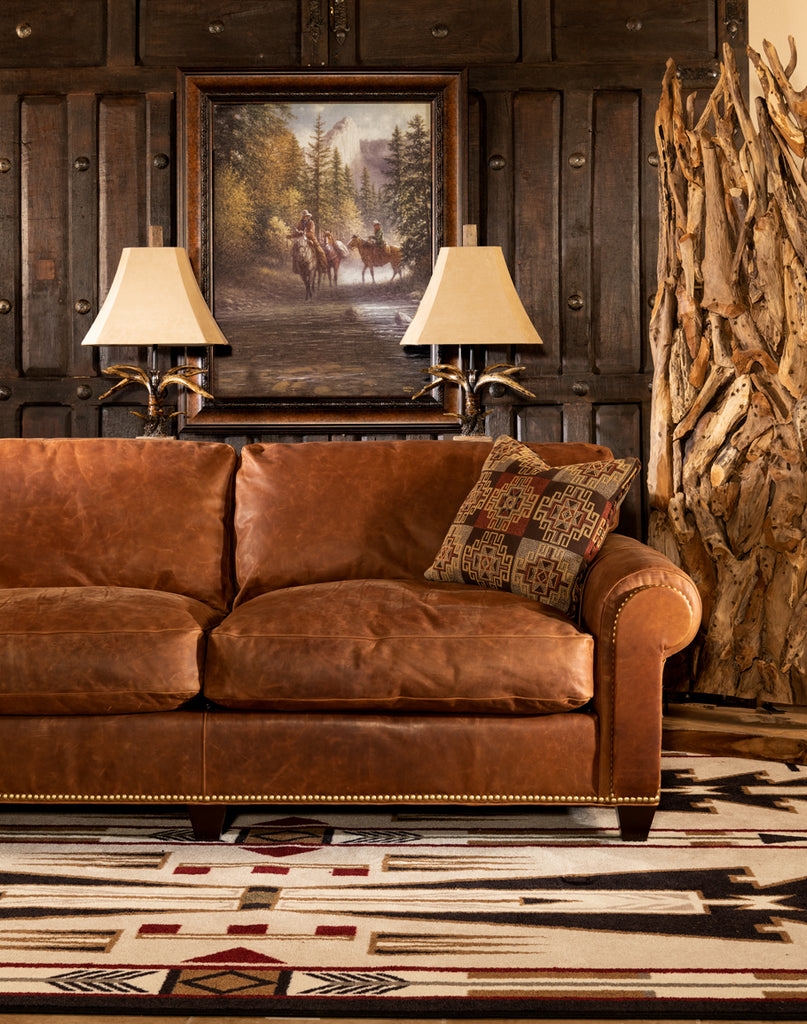 Leather Sofa in Cognac with Ranch Style Living Room Decor