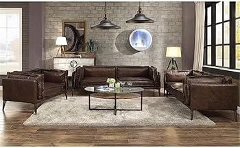 Leather Sofa Set with Boxy Frame and Industrial Finish