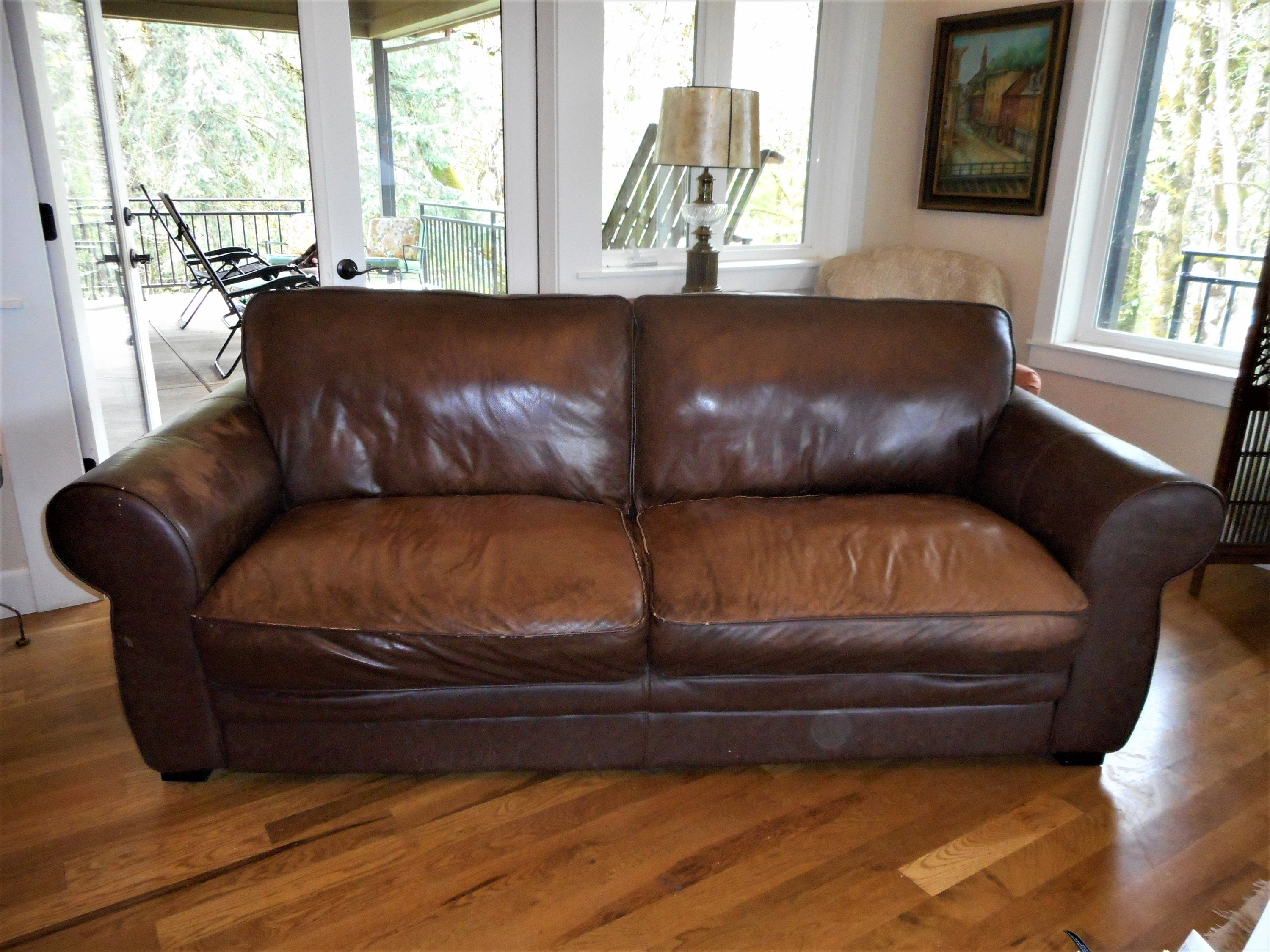 Leather Sofa with Espresso Brown Rustic Rolled Arm Couch