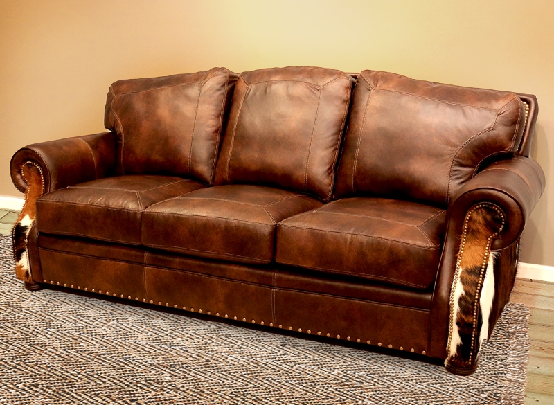 Leather Sofa with Hair-on-Hide Accents and Camelback Shape