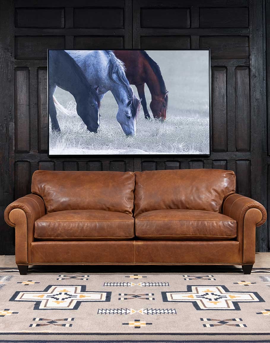 Leather Sofa with Rolled Arms and Classic Western Style