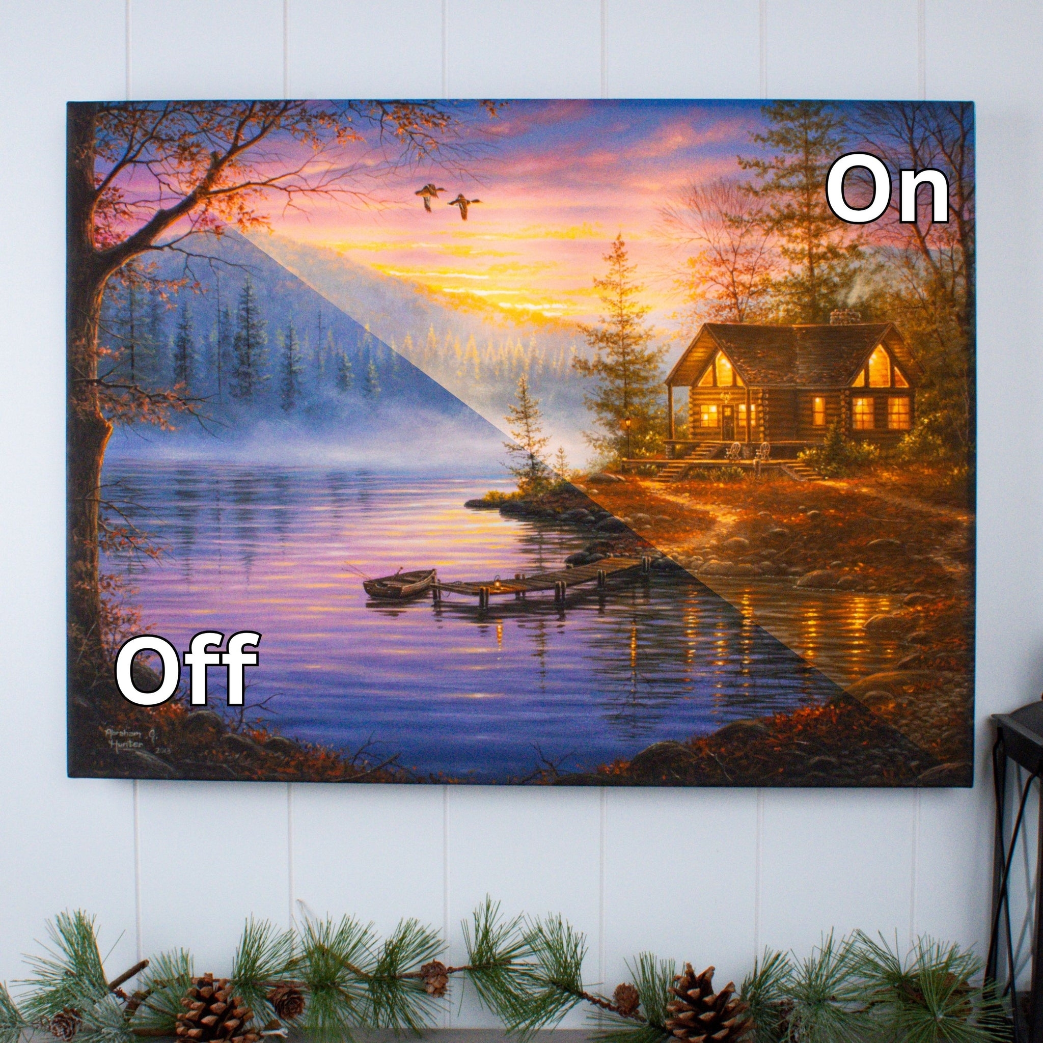 Led Wall Art with Mist Lake Scene and Illuminated Cabin Windows