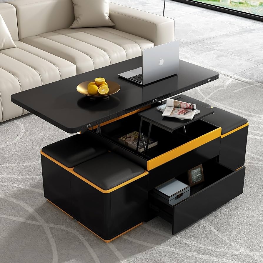 Lift Top Coffee Table with Nested Stools and USB Ports
