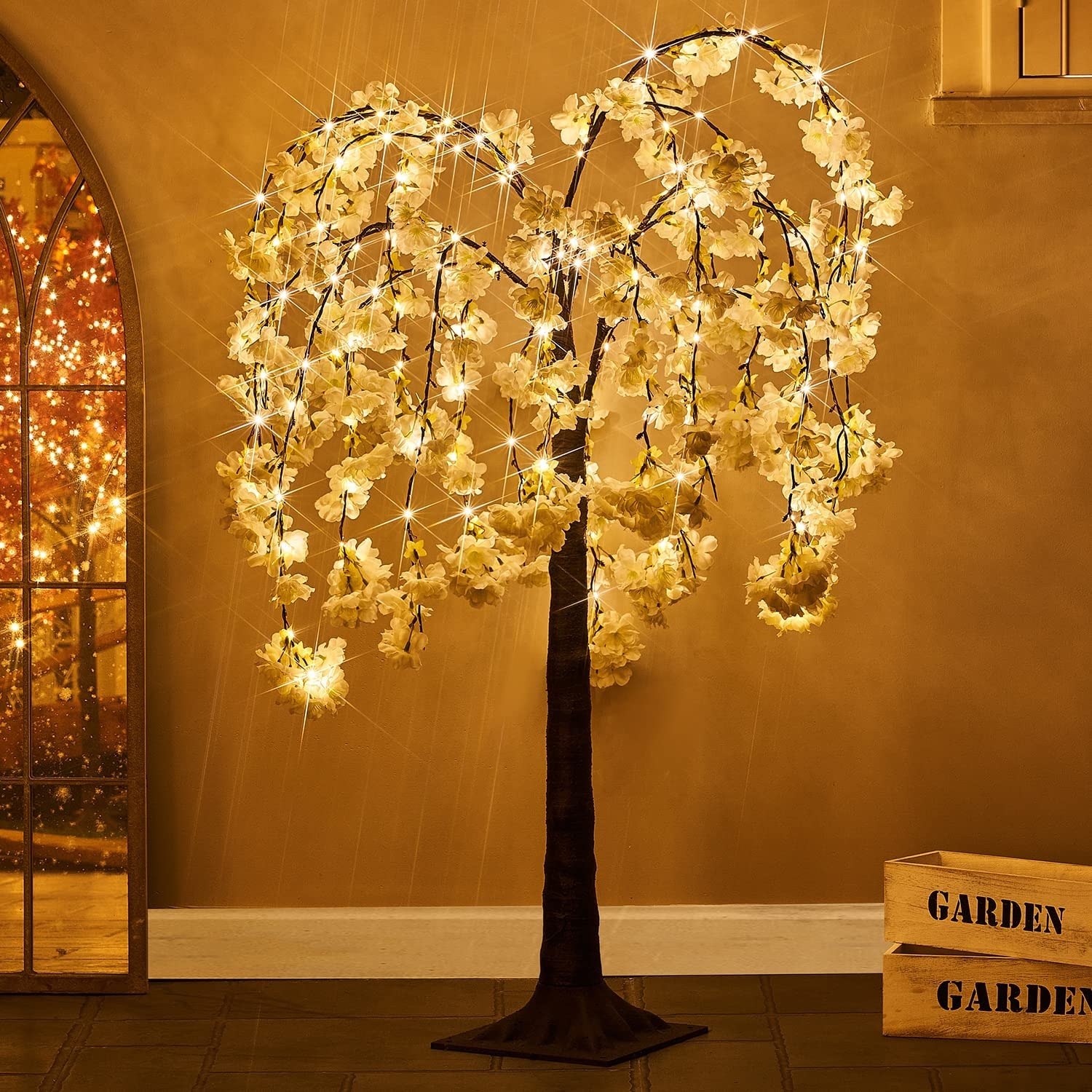 Lighted Artificial Tree with Weeping Silhouette Blossoms