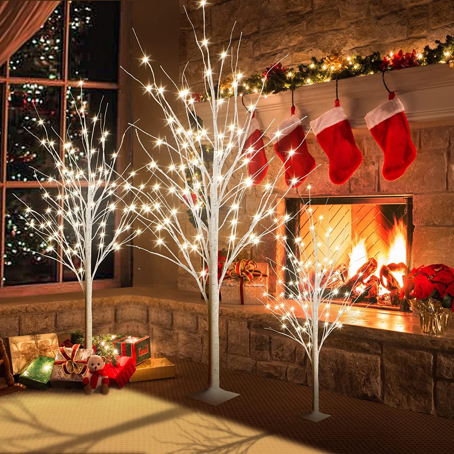 Lighted Birch Tree Set Tiered Height for Holiday Hearth