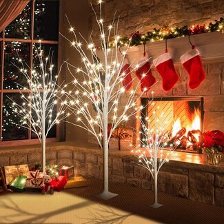 Lighted Birch Tree Set Tiered Height for Holiday Hearth