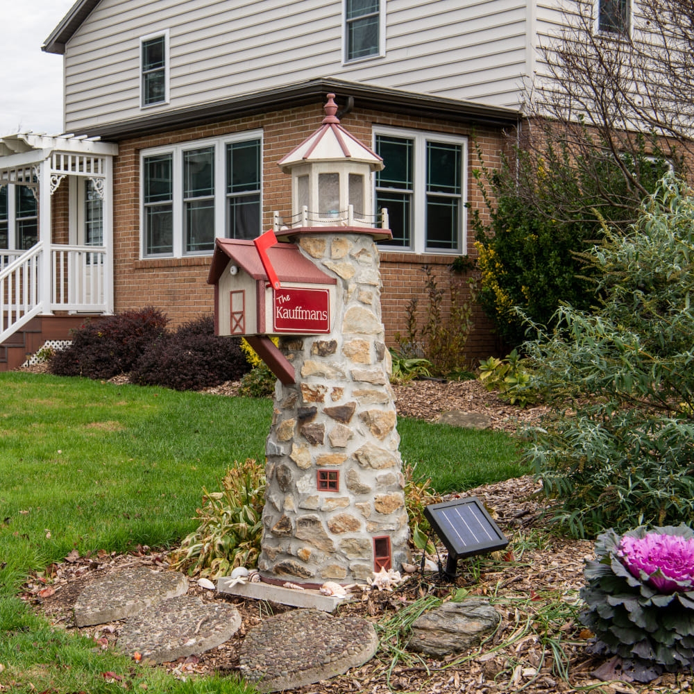 Lighthouse Mailbox Stone Veneer Solar Powered Rustic Post Decor