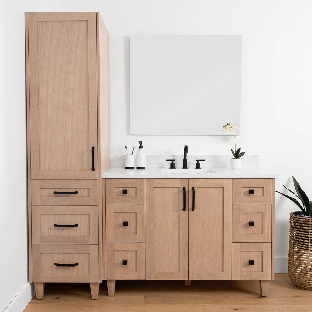 Linen Cabinet In White Oak With Shaker Panels And Tapered Legs
