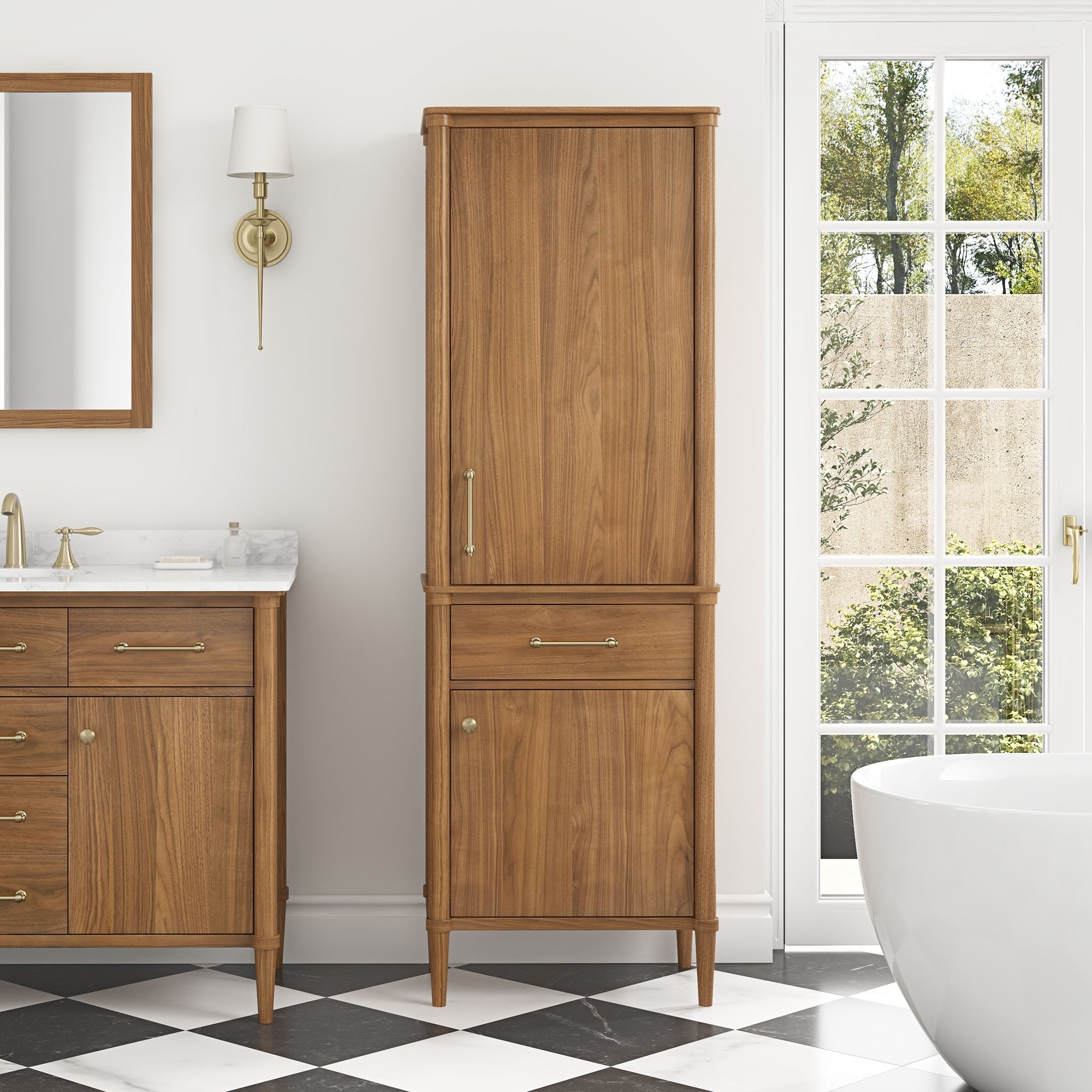 Linen Cabinet: Walnut Finish Tall Wood Vanity Cabinet Tower