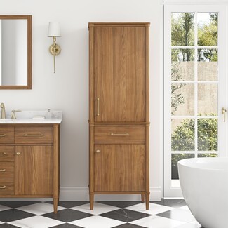 Linen Cabinet: Walnut Finish Tall Wood Vanity Cabinet Tower