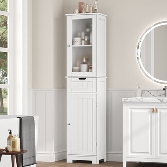 Linen Cabinet With Vertical Beadboard Paneling And Glass Door
