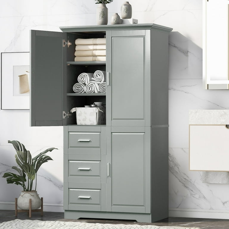 Linen Closet: Three Drawers Grey Linen Closet Shaker Unit