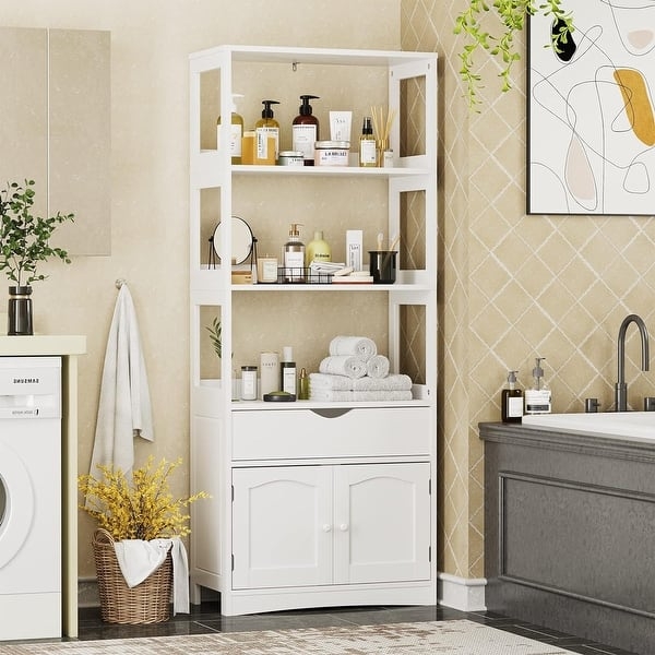 Linen Tower Featuring Arched Panel Doors And Side Cutouts