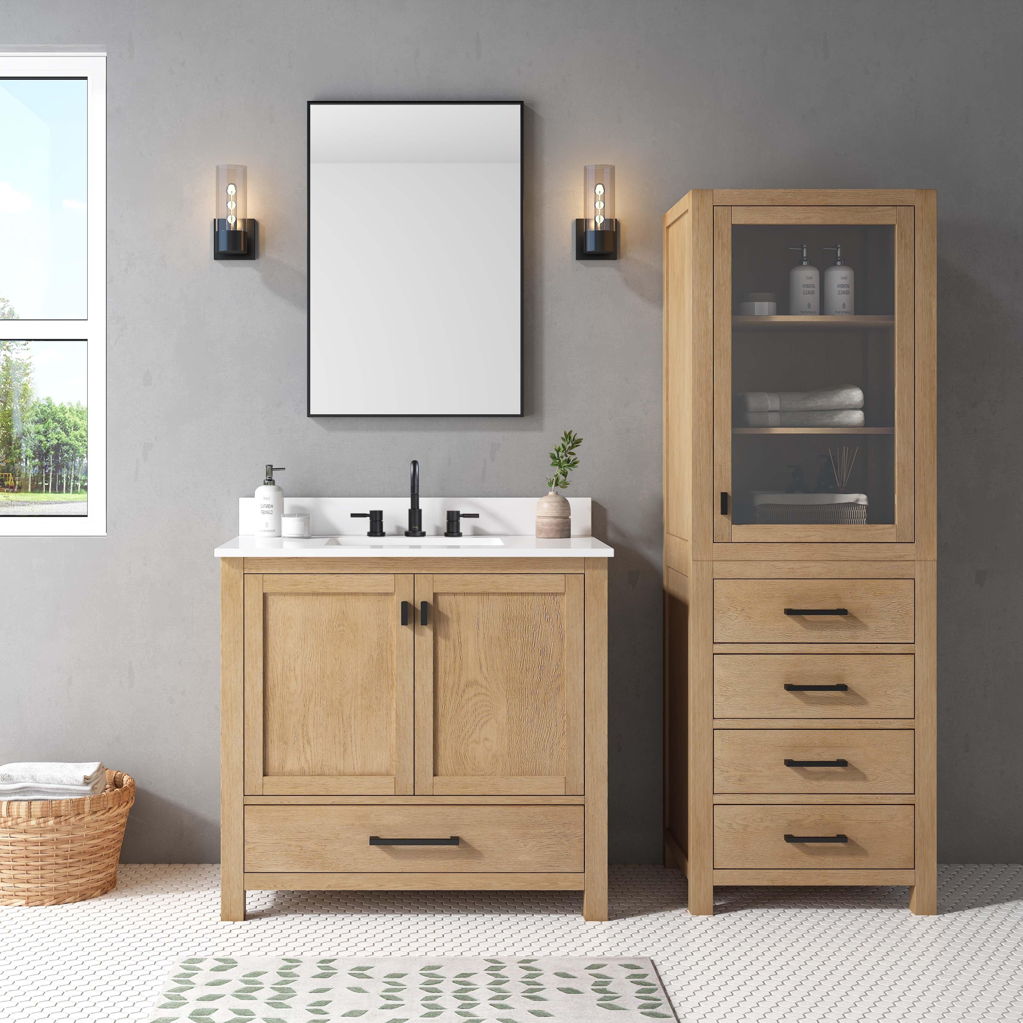 Linen Tower In Natural Oak Finish With Glass Upper Cabinet