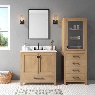Linen Tower In Natural Oak Finish With Glass Upper Cabinet