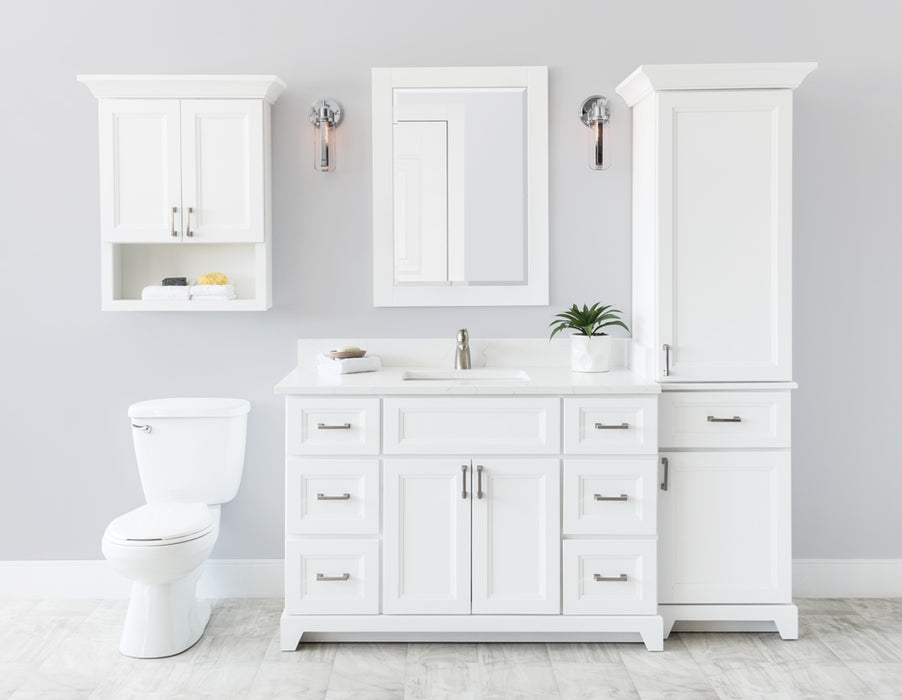 Linen Tower In White Shaker Style With Elegant Crown Molding