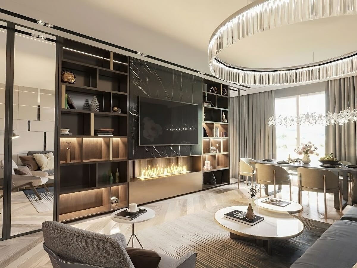 Living Dining Set with Linear Fireplace and Herringbone Floor