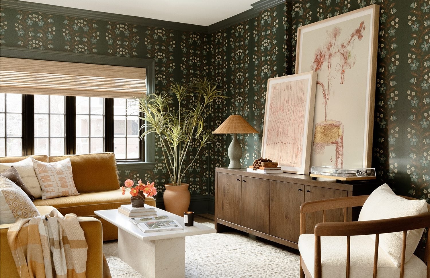 Living Room Botanical Wallpaper with Mustard Velvet Sofa Styling