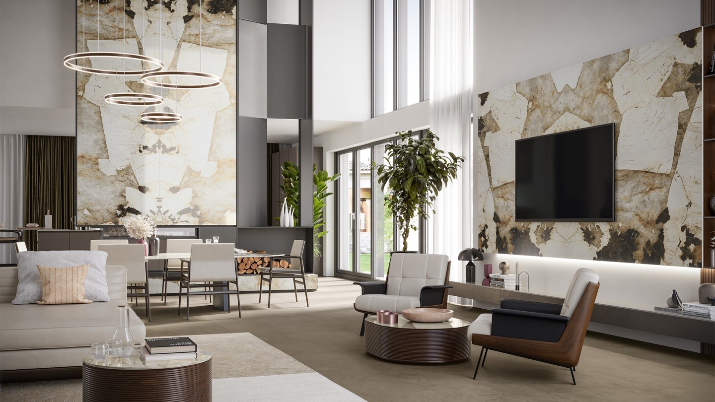 Living Room Dining Room Combo: Book-Matched Stone Feature Wall