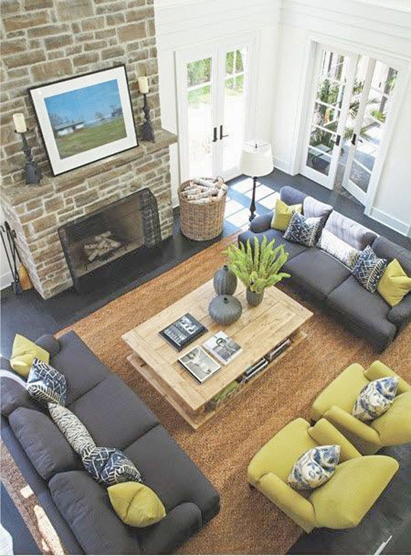 Living Room Furniture Set with Lime Green Accents & Gray Stone