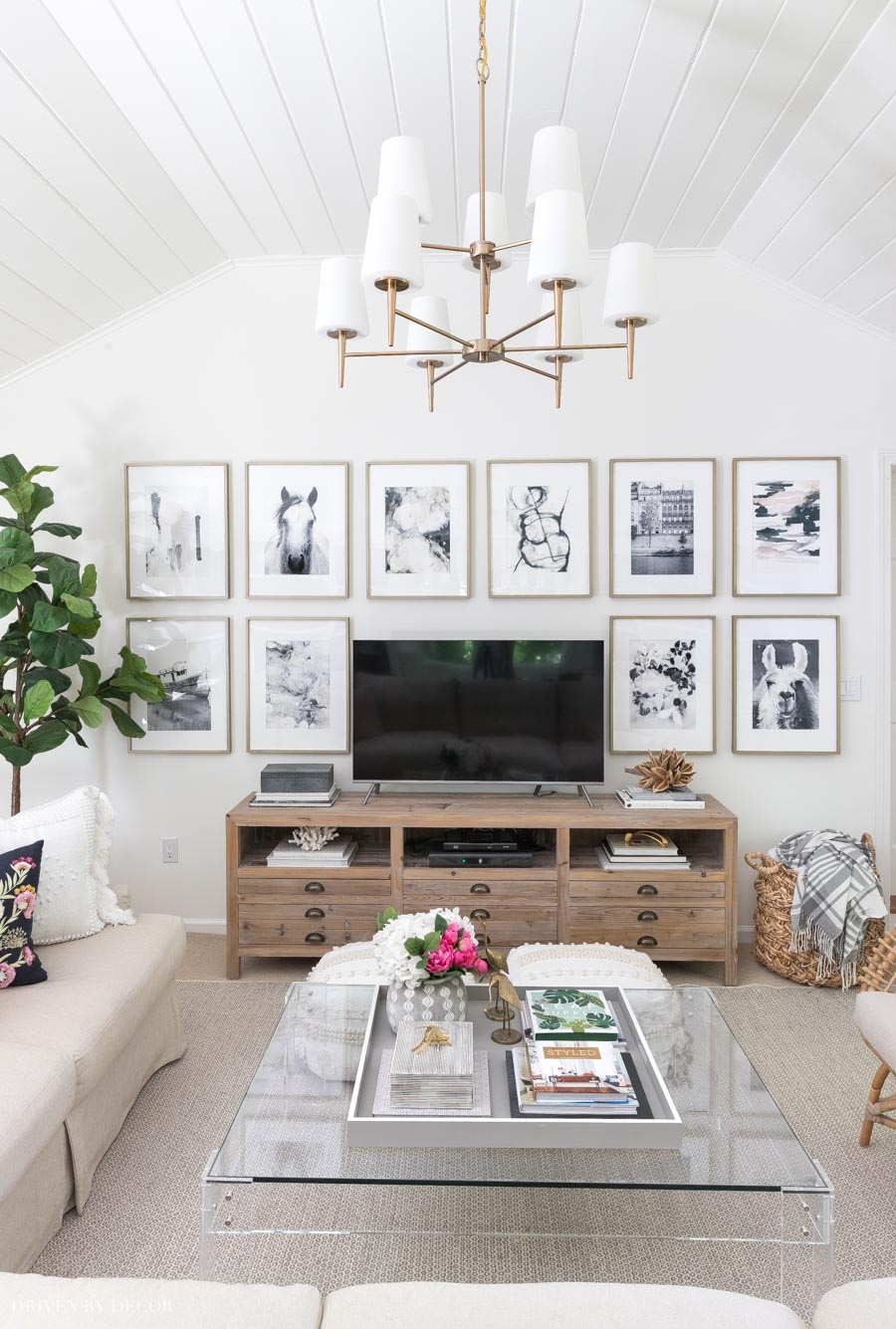 Living Room Gallery Wall Symmetrical Grid Vaulted Shiplap Ceiling