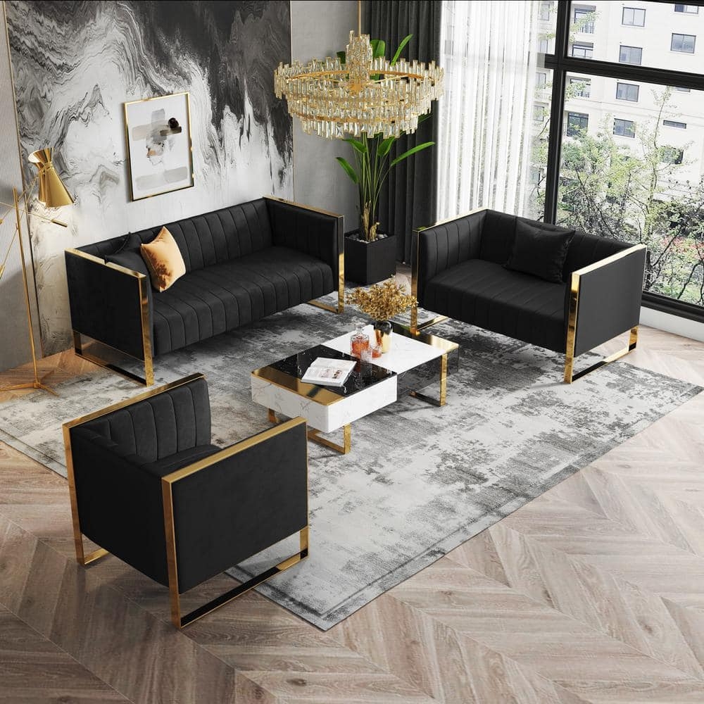 Living Room Set featuring Channel Tufting and Gold Frame