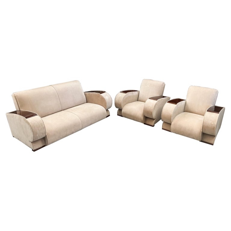 Living Room Set featuring Rosewood Armrests and Beige Suede