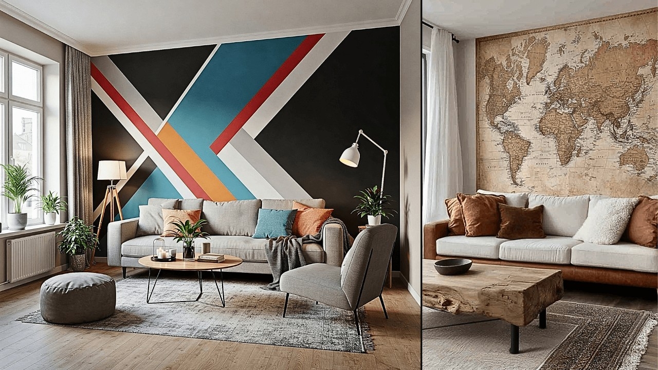 Living Room Set Geometric Accent Wall and Bold Mural Feature Wall