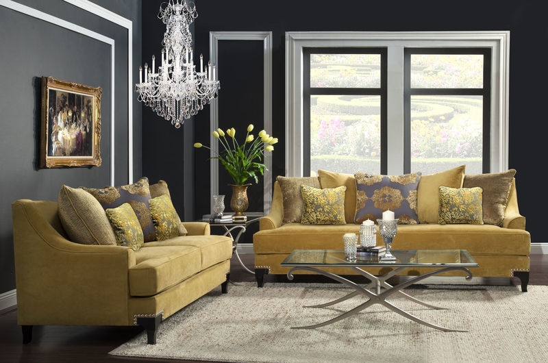 Living Room Set in Saffron Velvet with Curved Chrome Legs