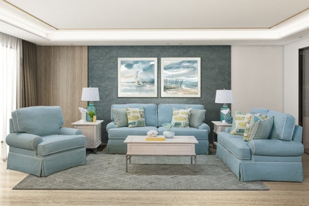 Living Room Set in Sky Blue with White Welting Piping