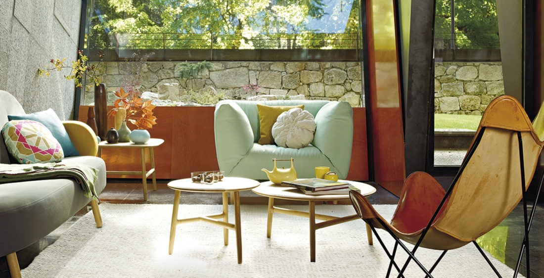 Living Room Set: Mint Puffy Armchair and Nested Coffee Tables