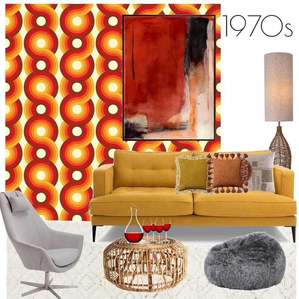 Living Room Set: Mustard Yellow Sofa and Wavy Geometric Wallpaper
