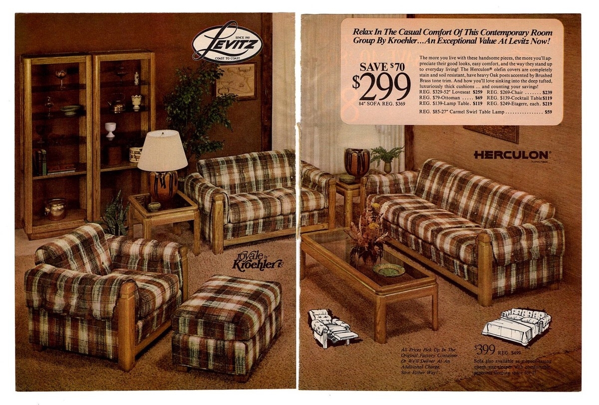 Living Room Set: Oak Post Frame Plaid Sofa and Vintage Shelving