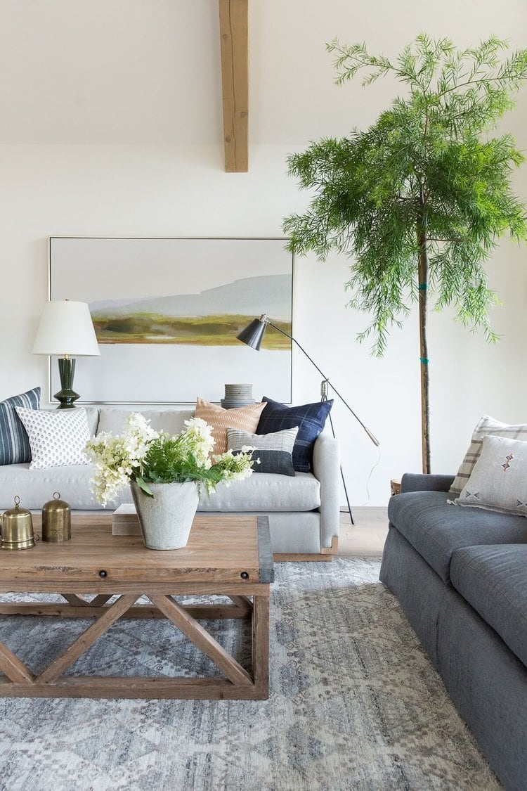 Living Room Set Oversized Landscape Painting and Indoor Tree Styling
