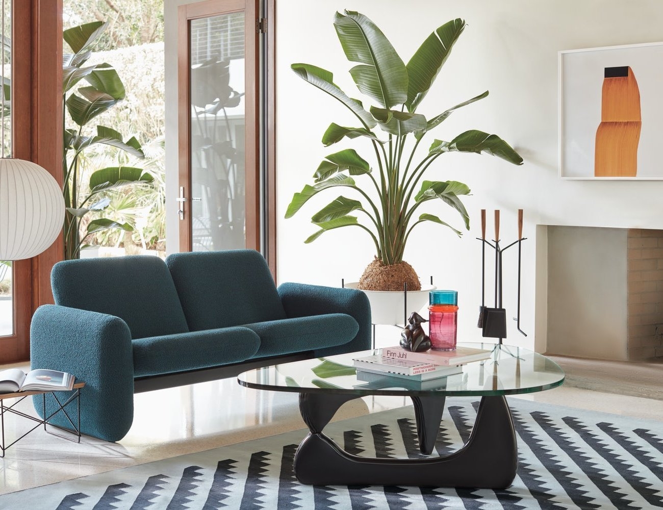Living Room Set: Textured Teal Upholstery and Kidney Glass Table