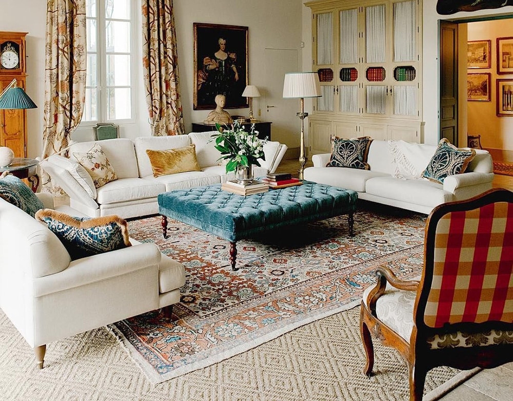 Living Room Set Tufted Teal Ottoman Layered Rug