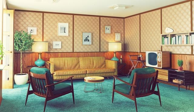 Living Room Set With Mustard Sofa and Teal Shag Carpet Layout