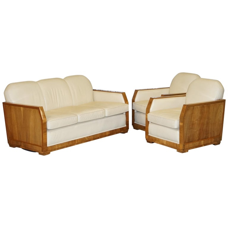 Living Room Set with Stepped Wooden Arms and Walnut Cream Tone