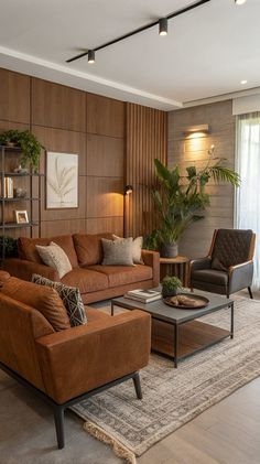 Living Room Set with Wood Slat Wall and Stone Top Table