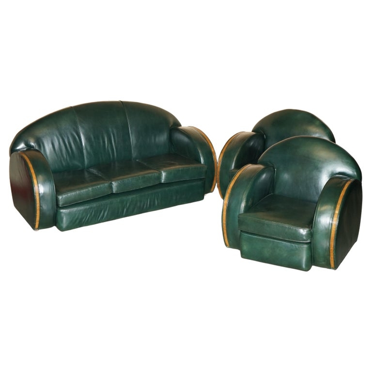 Living Room Set with Wood Trim Inlays and Forest Green Leather