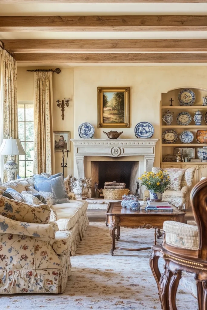 Living Room with Blue White Porcelain and Exposed Ceiling Beams