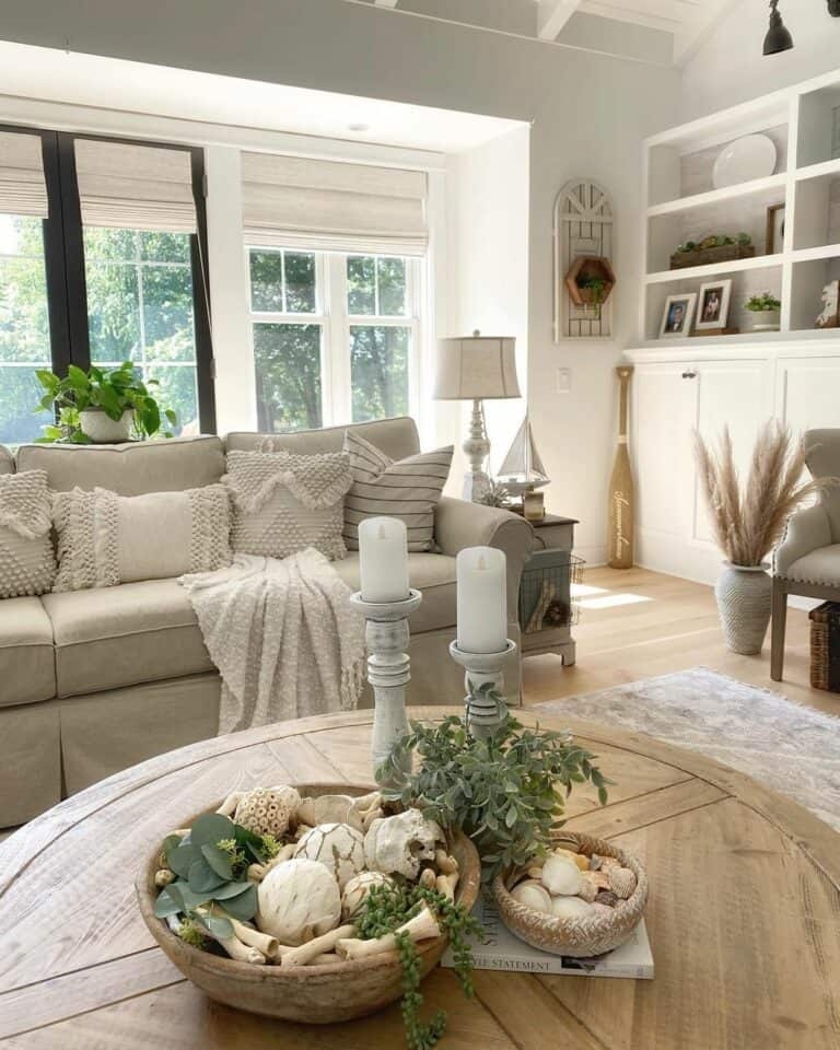 Living Room with Planked Wood Table and Textured Monochrome Decor