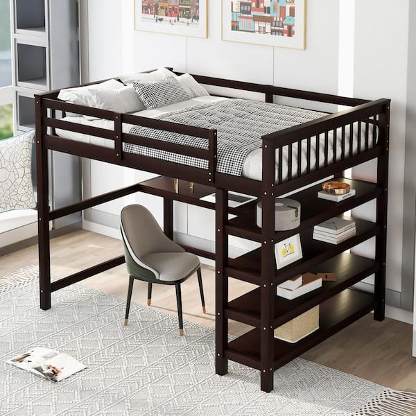 Loft Bed Espresso Wood Frame Integrated Desk Shelves