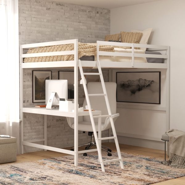 Loft Bed Full Size White Frame Angled Ladder Desk