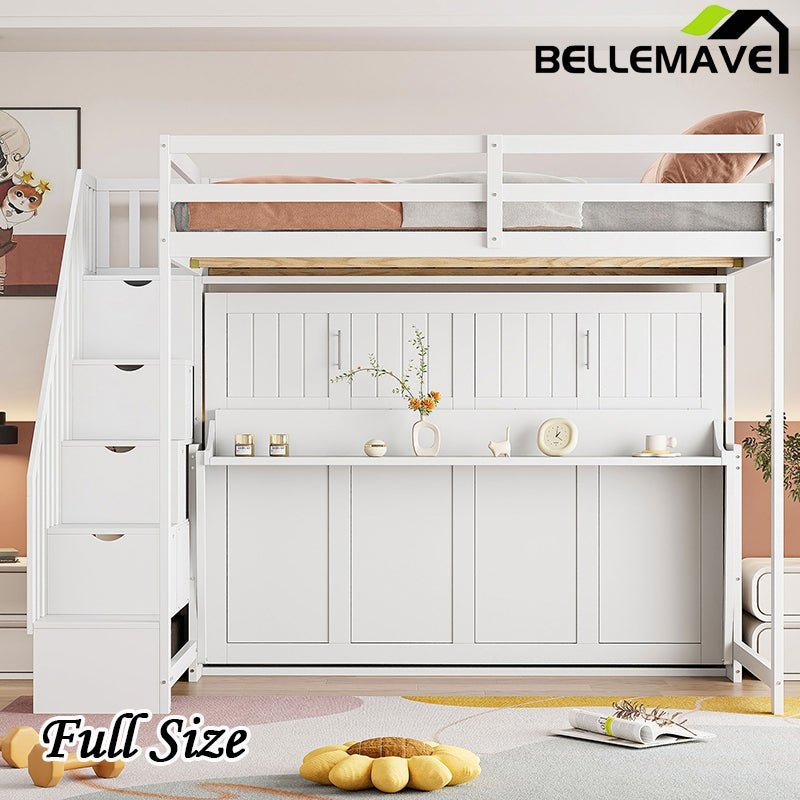 Loft Bed including Staircase Drawers and White Wood Loft Frame
